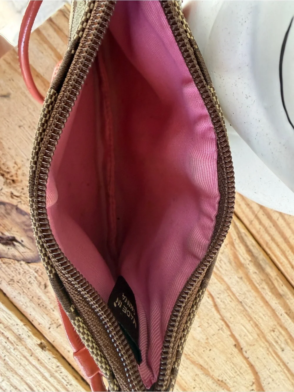Coach Brown Signature Canvas Wristlet with Coral Trim